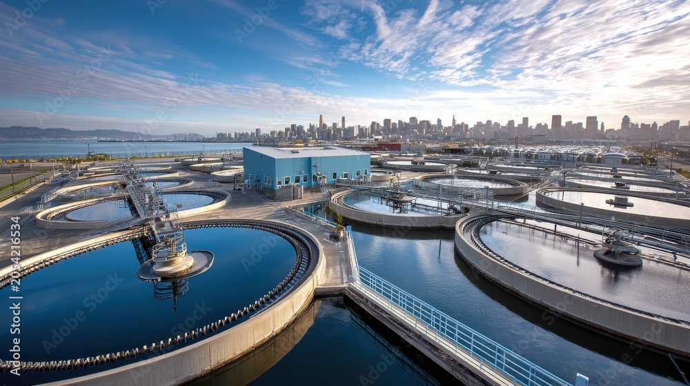 Obraz premium Modern urban wastewater treatment plant with aeration tanks and clarifiers against a city skyline