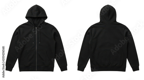 Black zip-up hoodie front and back view isolated on transparent background png