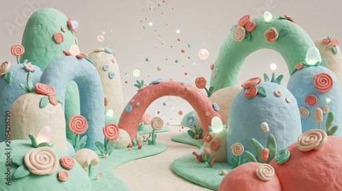 Whimsical Clay Landscape with Pastel Arches and Floral Accents for Playful Creative Backgrounds
