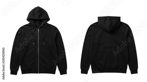 Black zip-up hooded sweatshirt front and back isolated on transparent background