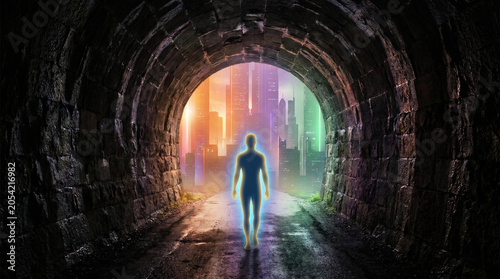 A glowing silhouette emerges from a dark tunnel into a vibrant futuristic city, symbolizing transformative progress and the hopeful dawn of a new technological era