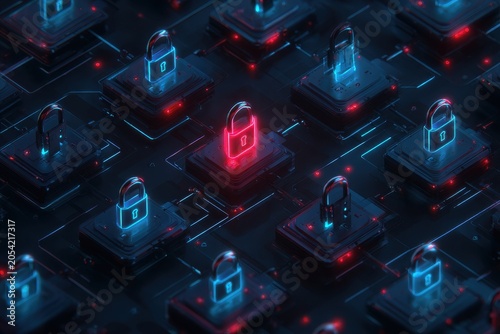 Neon blue security locks with a single red highlight signaling a cyber breach â€” digital illustration
