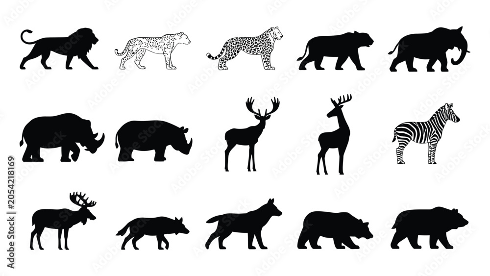 Obraz premium Black silhouettes of various wild animals walking