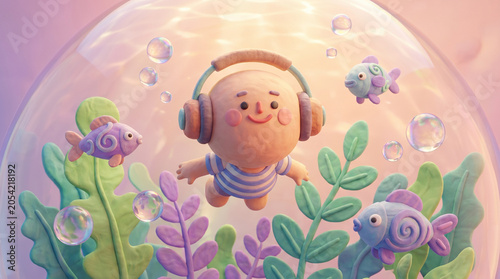 Cute 3D Cartoon Baby Wearing Headphones Floating Inside a Magical Water Bubble with Colorful Tropical Fish and Seaweed