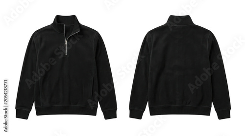 Black quarter-zip sweatshirt front and back isolated on transparent background