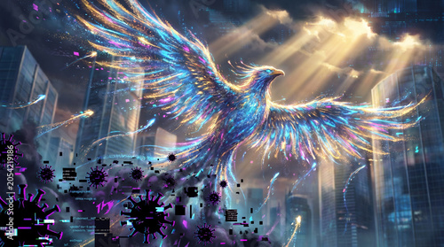Brilliant Phoenix of Renewal Soaring Over a Glitch-Infested Urban Landscape, Symbolizing Hope and Resilience