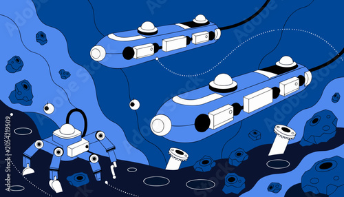 Blue underwater exploration scene with robotic submarine vehicles, ocean floor equipment and autonomous technology in a futuristic vector illustration