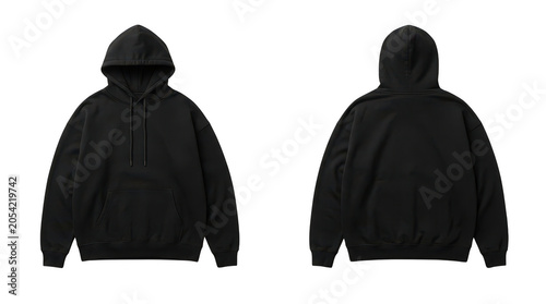 Black oversized pullover hoodie front and back isolated on transparent background