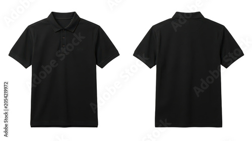 Black polo shirt front and back view isolated on transparent background