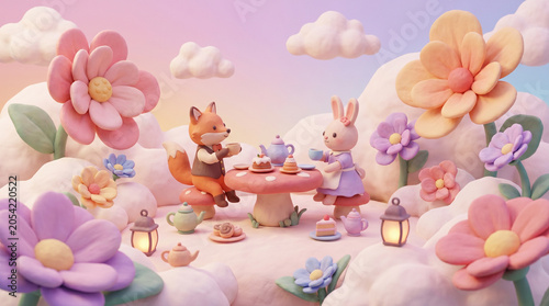 Cute 3D clay style fox and rabbit having a whimsical tea party in a cloudy sky surrounded by giant pastel flowers