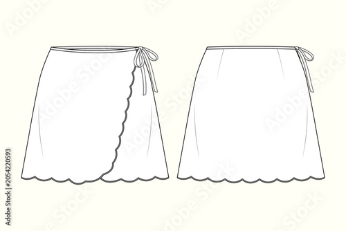 Bild auf Leinwand Girls Scallop Hem Wrap Mini Skirt Technical Flat Sketch