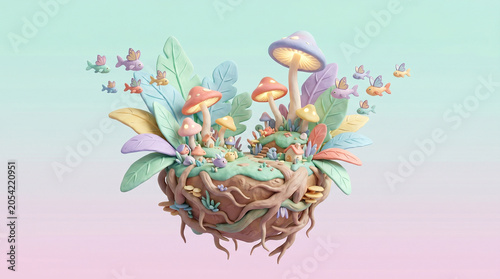 Whimsical 3D illustration of a magical floating island, adorned with vibrant pastel mushrooms and lush fantasy flora, creating a serene dreamlike natural haven