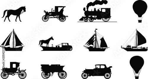 Billede på lærred Historical transportation silhouettes featuring horse, carriage, steam locomotiv