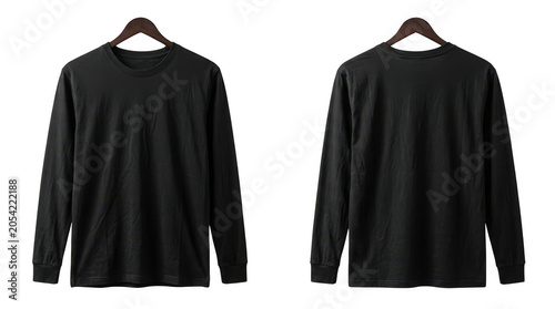 Black long-sleeved t-shirt on hangers isolated on transparent background
