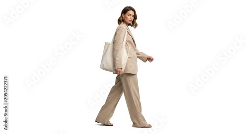 Elegant young woman in a professional beige pantsuit walking with a white canvas tote bag, isolated on white background