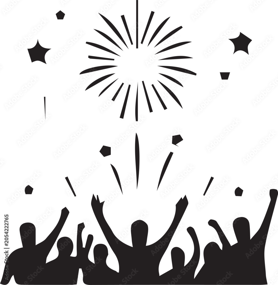 Fototapeta premium Black silhouette of a crowd celebrating with fireworks and confetti isolated on white background