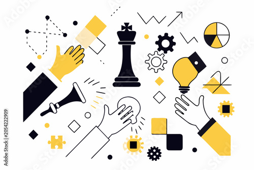 Bild auf Leinwand Business Strategy Illustration With Chess Piece Gears And Hand Symbols