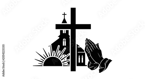 Photography Praying hands in front of church cross and sunrise symbolizing faith and spiritu