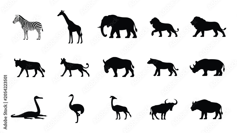 Fototapeta premium Set of african wildlife silhouettes featuring various exotic animals isolated on a clean white background