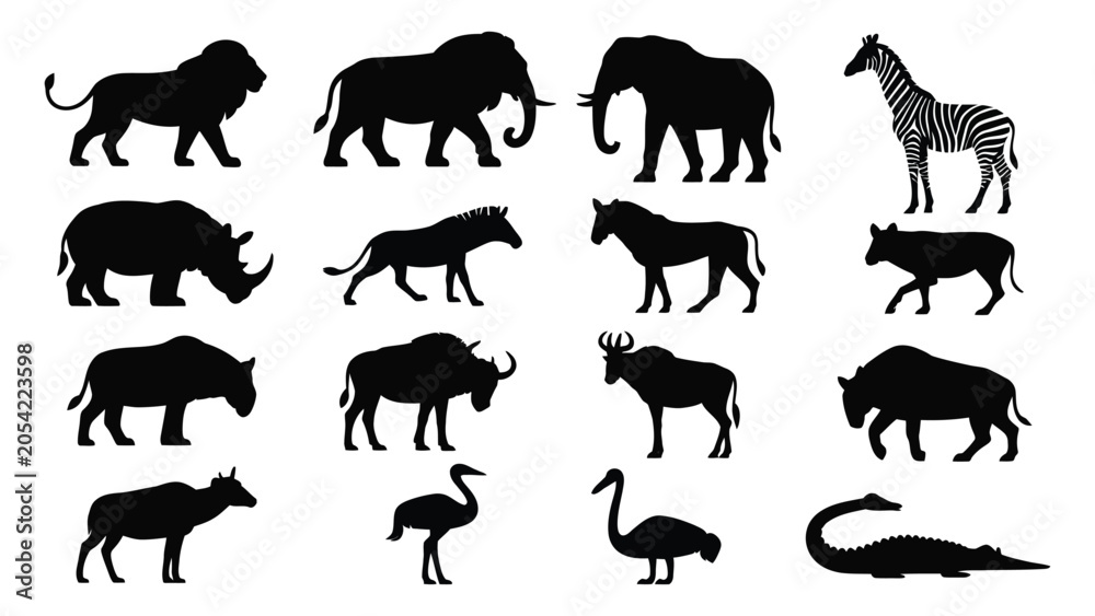 Fototapeta premium Set of african wildlife silhouettes featuring various animals for creative design projects