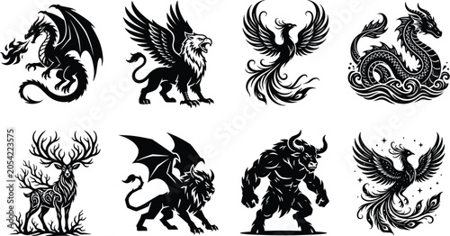 Foto Mythical creature silhouette collection featuring dragon, griffin, phoenix, sea