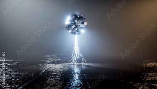 Large floating diamond sphere discharging electrical lightning over a dark cityscape with lightning, electricity