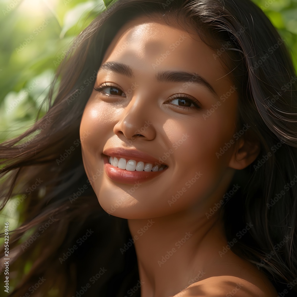 Fototapeta premium Young woman smiling outdoors with natural sunlight and green foliage background