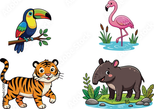 Canvas Print Cute cartoon tropical jungle wild animals set featuring toucan flamingo tiger cu