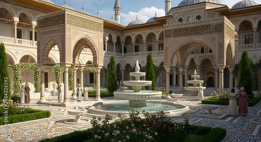 Fototapeta premium Elegant Courtyard with Historic Islamic Architecture and Central Fountain