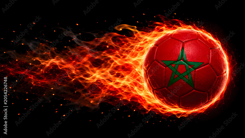 Naklejka premium A soccer ball featuring the Moroccan flag design, surrounded by intense, realistic fire and flames against a solid black background.