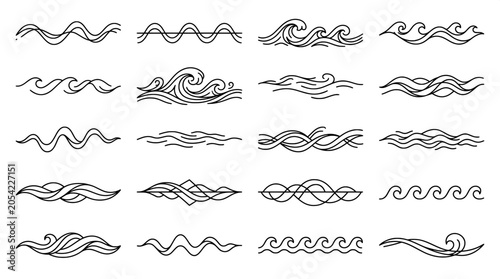 Foto Set of black linear water waves and ocean ripple patterns vector illustration wi