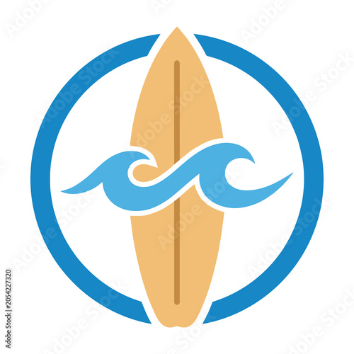 Surfboard logo with wave and circle