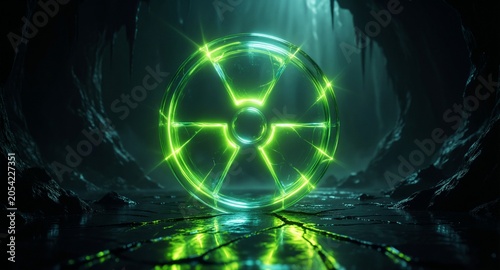Neon Green Radiation Symbol Glows in Dark Cave Environment