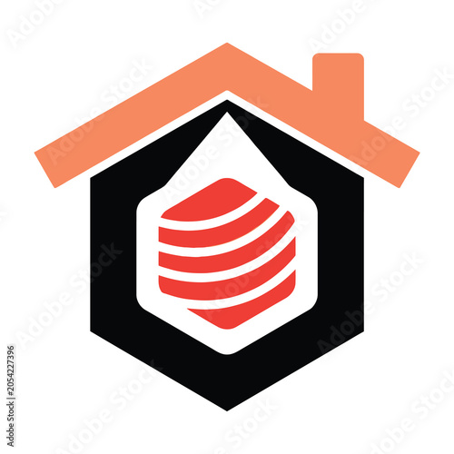 Logo design with house and red symbol on black hexagon background