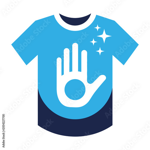 blue t shirt with white hand symbol and sparkles