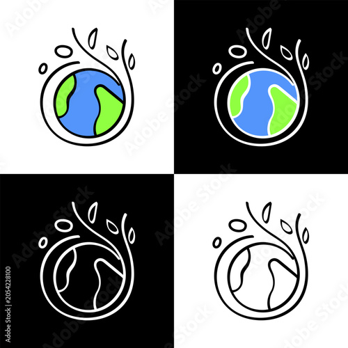An illustration of the Earth globe enveloped by a stylized swirling branch with leaves, available in colored and monochrome versions. 