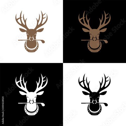 A silhouette illustration of a deer head holding a golf club in its mouth, framed by a horseshoe, shown in multiple colorways. The concept blends wildlife, outdoor sports, and country club aesthetics.