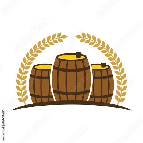 Three wooden barrels with wheat wreath