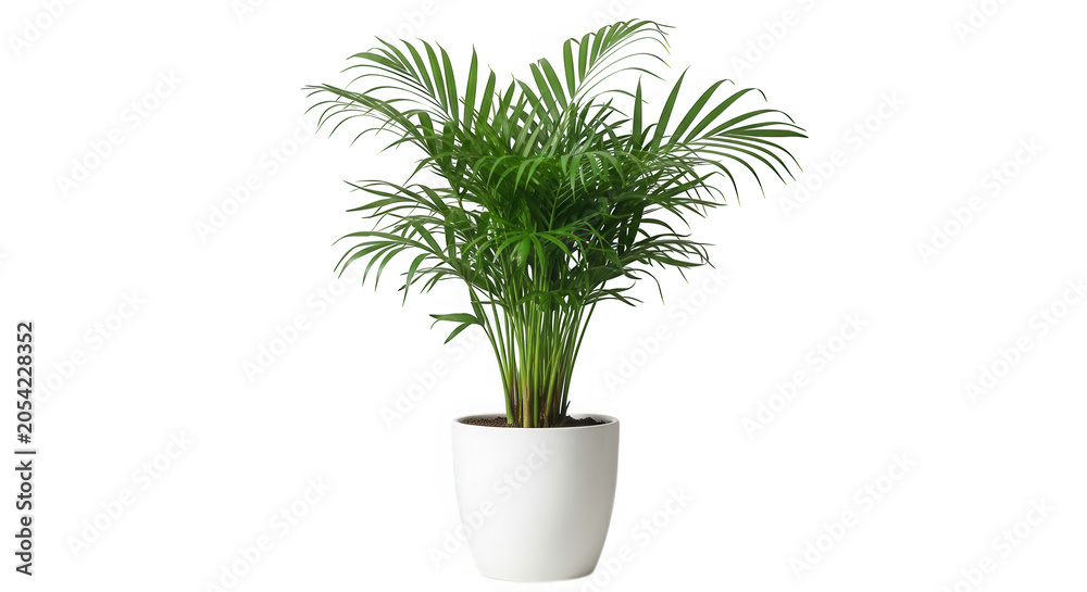 Fototapeta premium Small green parlor palm plant in a simple white pot isolated on transparent background