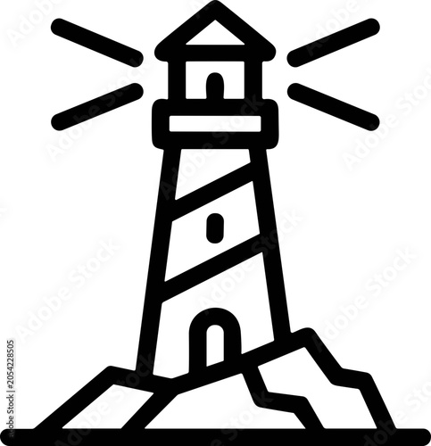 Billede på lærred Lighthouse icon on rocky outcrop, guiding light symbol, vector illustration