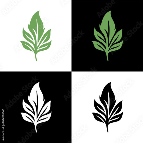 An elegant silhouette illustration of a single leaf featuring distinct segments and veins, displayed in green, black, and white versions.