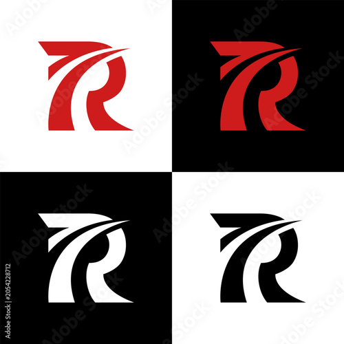 A dynamic typography illustration of the letter R intersected by swooping, aerodynamic lines, presented in red, black, and white. The artwork conveys speed, rapid movement, and a sporty lifestyle.