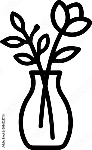 Minimalist outline drawing of flowers in a vase, simple line art, elegant botanical illustration.