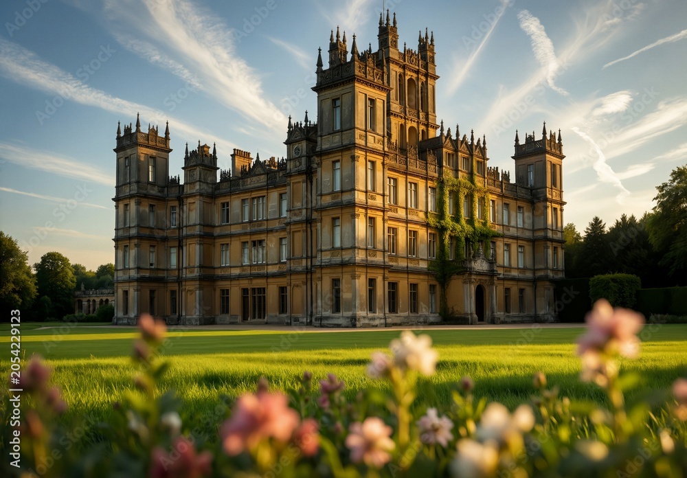 Fototapeta premium Elegant Gothic Revival Manor House at Sunset, Surrounded by Lush Green Lawn and Blooming Flowers