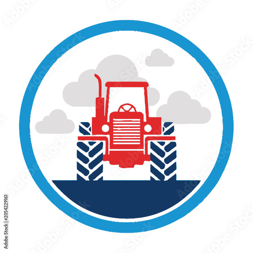 Red tractor icon with blue circle and clouds