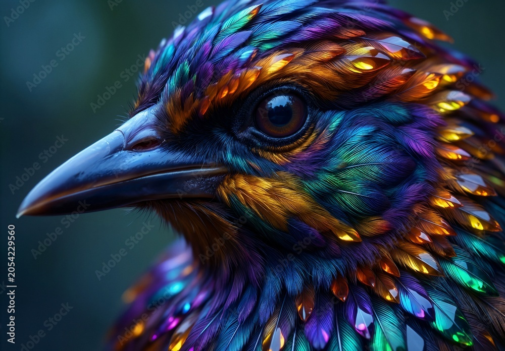 Fototapeta premium Vibrant, iridescent bird with shimmering rainbow feathers in a close-up portrait