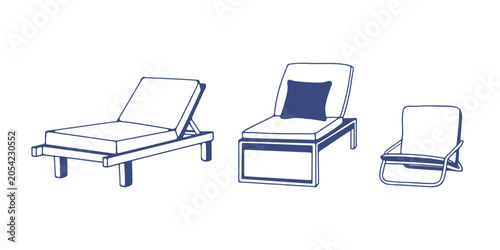 A set of hand-drawn beach chairs on white background.