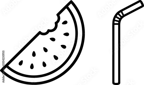 Photos Bitten Watermelon Slice and Straw Line Art Icon - Healthy Summer Fruit Refreshme