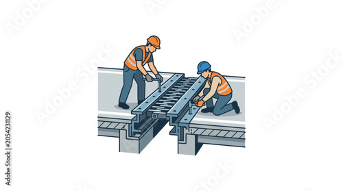 Construction workers installing expansion joint on bridge or building structure