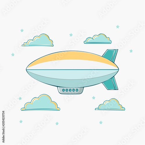 Cartoon Blimp Flying Through Clouds and Stars